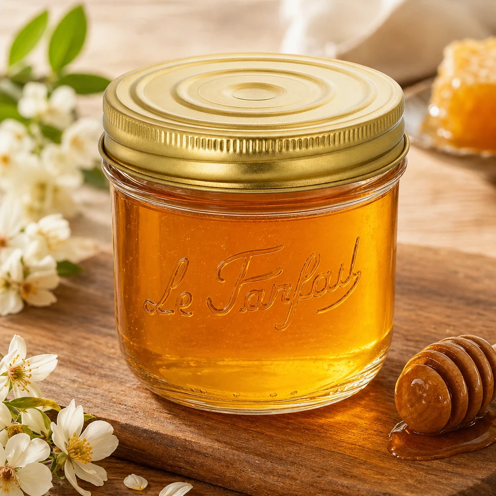 Le Parfait® Familia Wiss 350 g Ø100 mm pot Honing in een 415ml Le Parfait Familia Wiss pot met gouden deksel op een houten plank met bloemen en honinglepel