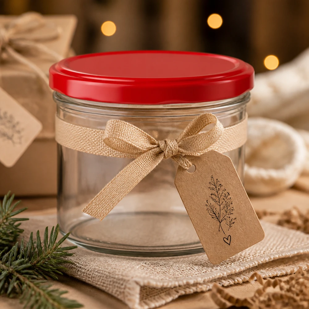 230ml cilindrische pot met BasicSeal deksel rood UNiTWIST Dekoratives 230ml Einmachglas mit rotem Deckel als Geschenkverpackung mit Schleife und Anhänger von Glas-Fabrik