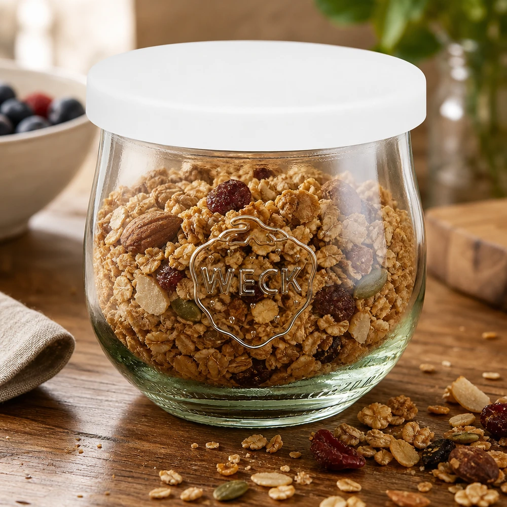 WECK voorraadpot 370ml gevuld met muesli wit siliconen deksel tulpvorm keuken voorraad noten gedroogd fruit
