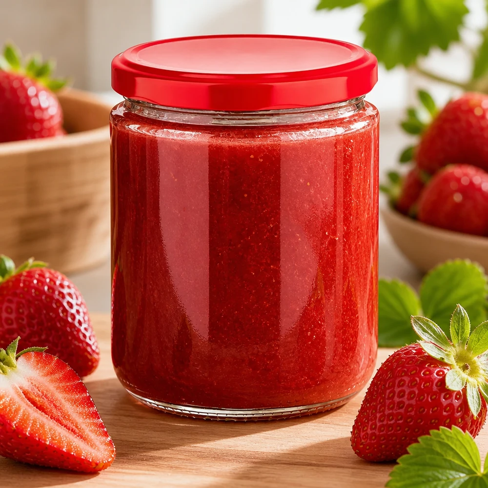 490 ml rond glas + BasicSeal-deksel rood UNiTWIST Aardbeienjam inmaken in een UNiTWIST-ronde glazen pot van 490 ml met een luchtdichte rode BasicSeal-deksel