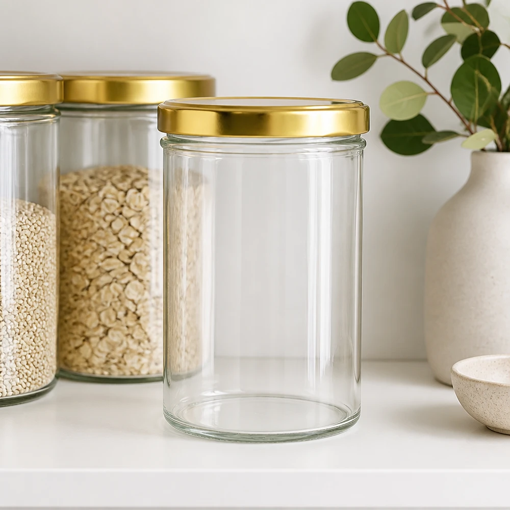 Lege 435ml UNiTWIST bekers met gouden BasicSeal deksel naast gevulde voorraadpotten in een moderne keuken