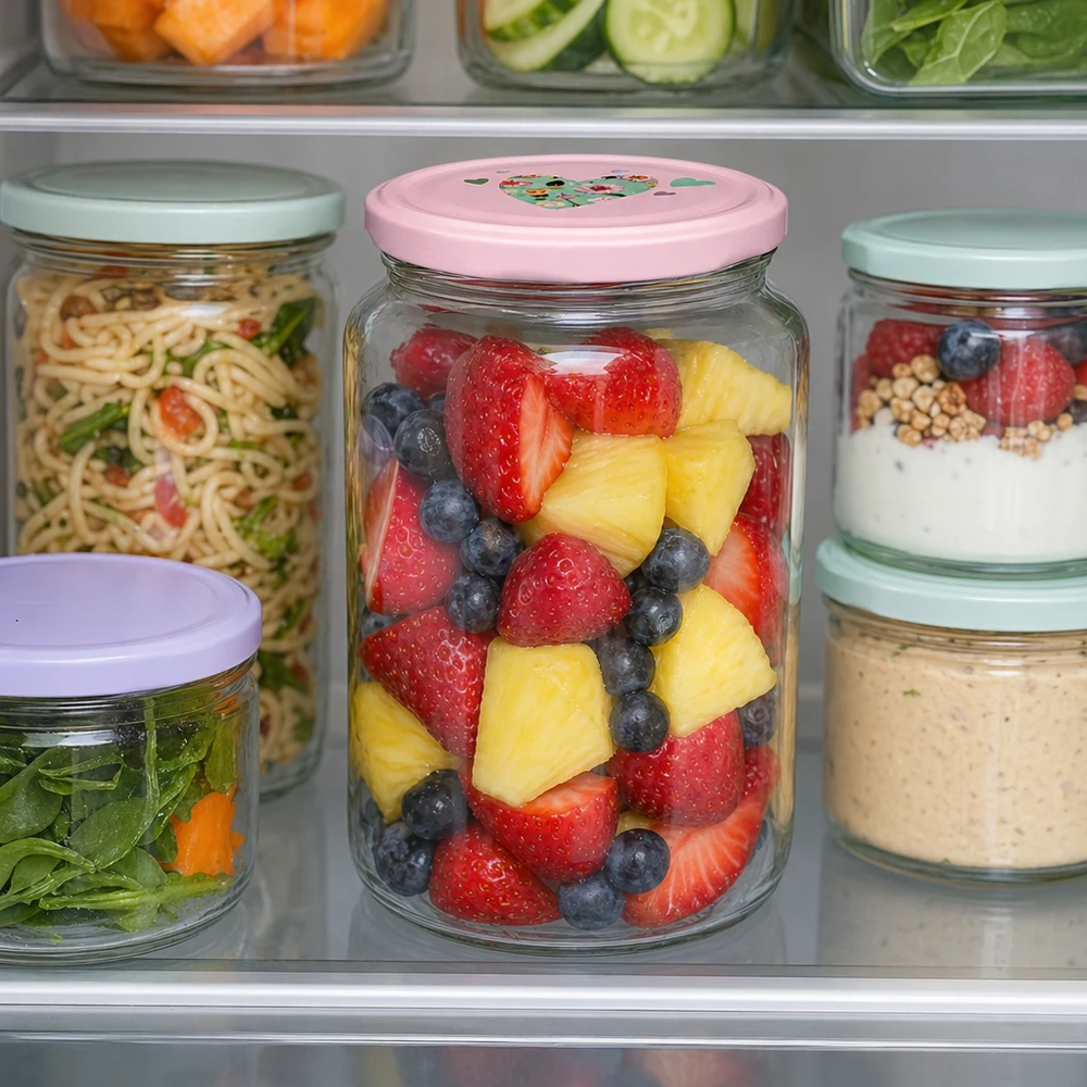 795 ml ronde pot + BasicSeal-deksel roze hart UNiTWIST Rundglas 795ml mit rosa Herzdeckel gefüllt mit Obstsalat im Kühlschrank neben anderen Vorratsgläsern mit Salat und Nudel