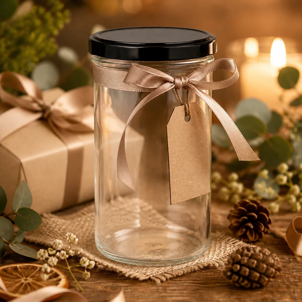 277ml bekers met BasicSeal deksel zwart UNiTWIST 277ml bekers als geschenkverpakking met bruine strik en label kerstdecoratie geschenkpot leeg