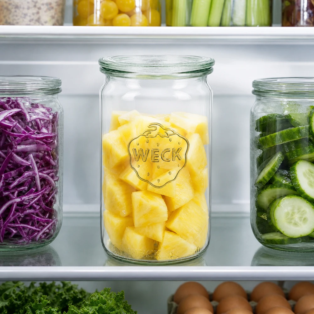 340ml cilinderglas met glazen deksel WECK RR60 WECK 340 ml cylinder pot RR60 in de koelkast gevuld met ananas naast rode kool en komkommer voor meal prep organisatie