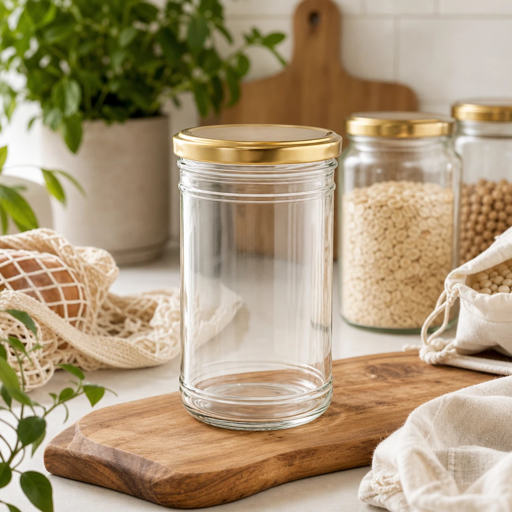 1053ml beker met BasicSeal deksel goud UNiTWIST Lege glazen pot van 1053 ml met gouden deksel op houten plank in duurzame zero-waste keuken met voorraadpotten