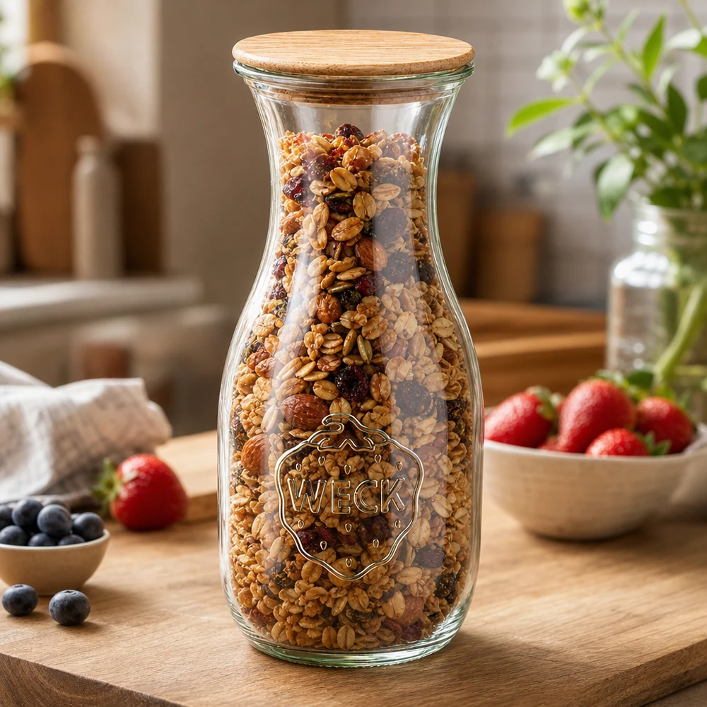 530ml sapflessen WECK RR60 met hout deksel WECK sapfles 530ml RR60 gevuld met muesli en noten als voorraadpot met houten deksel op houten plank