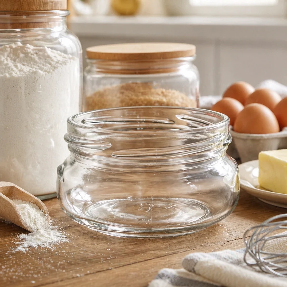 UNiTWIST Terrina120 terrine pot 120ml TO70 leeg op houten plank in keuken met bakingrediënten en voorraadpotten