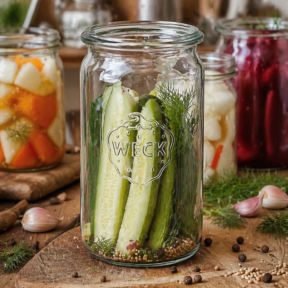 WECK RR60 glazen cilinderpot van 340 ml WECK cilinderpot 340ml RR60 met ingemaakte komkommer en dille toont veelzijdig gebruik voor het inmaken van groenten