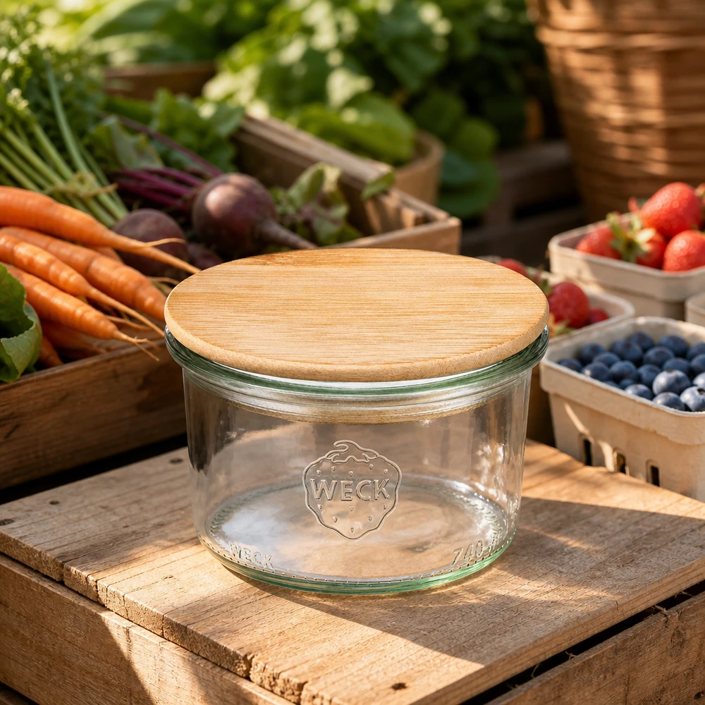 200ml stortglas WECK RR80 met hout deksel 200ml WECK RR80 bekers met houten deksel in een rustiek markttafereel omringd door vers fruit en groenten