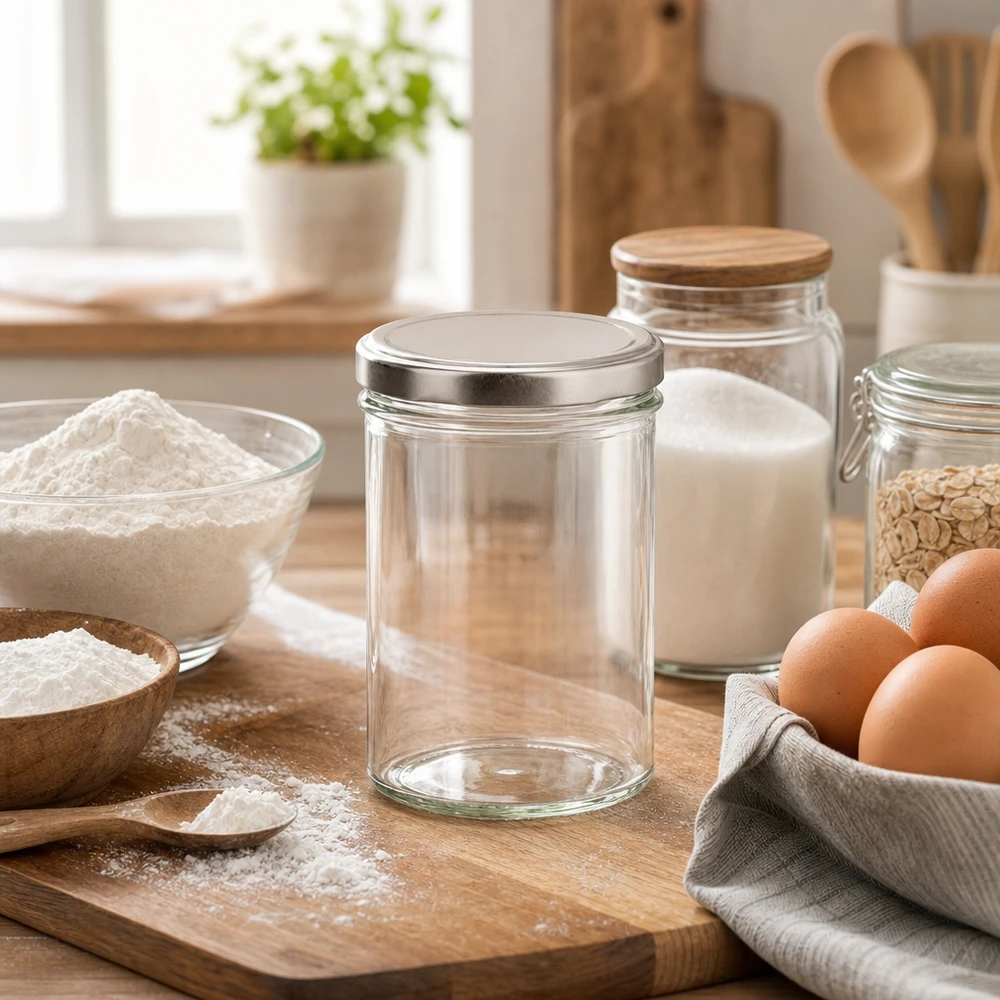 435ml bekers met BasicSeal deksel zilver UNiTWIST 435ml Sturzglas mit silbernem Deckel in moderner Küche - stilvolle Vorratsdose für Mehl und Backzutaten