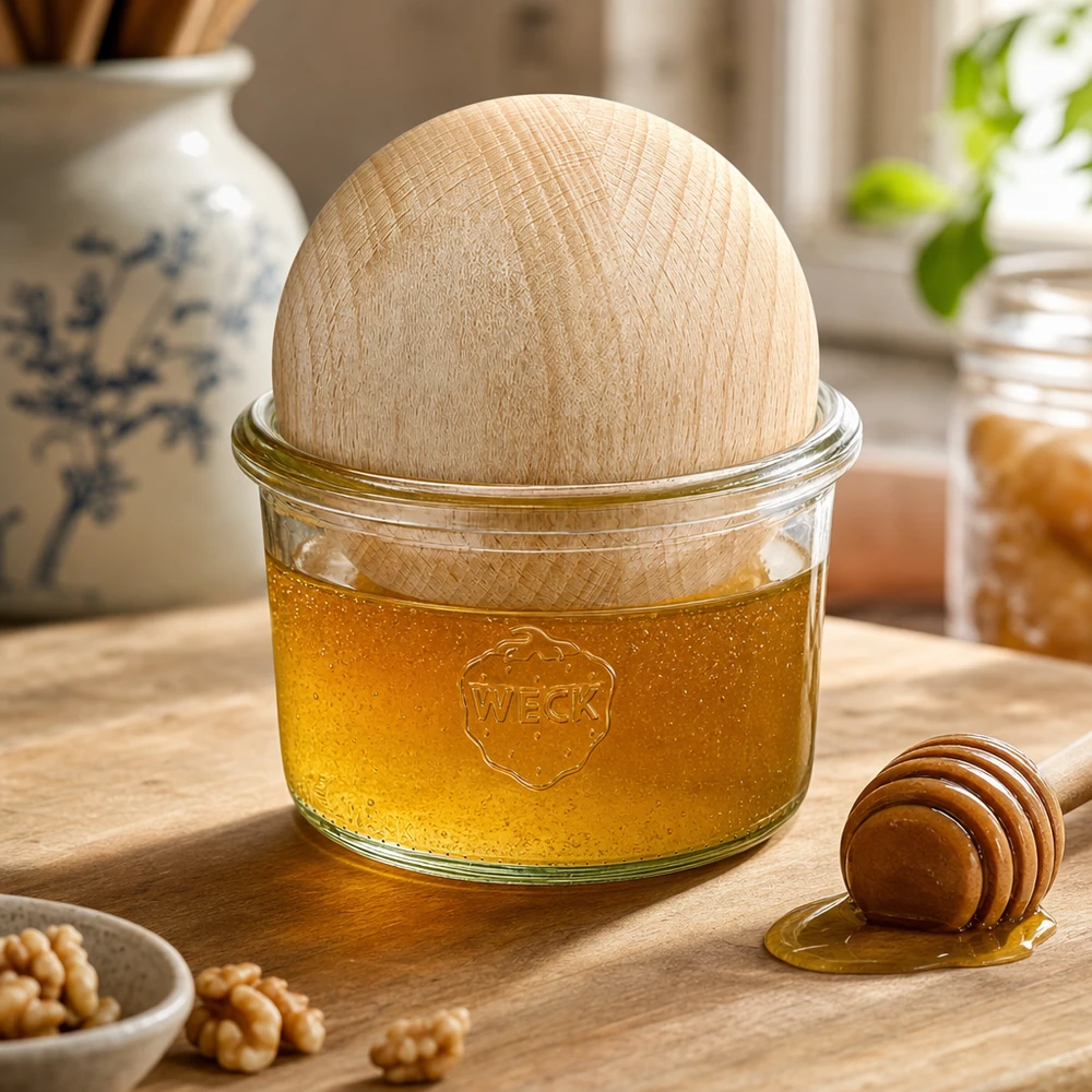 200ml stortglas WECK RR80 met houten bal WECK bekers 200ml met beukenhouten bol gevuld met honing, honinglepel en walnoten op houten tafel in warme keuken