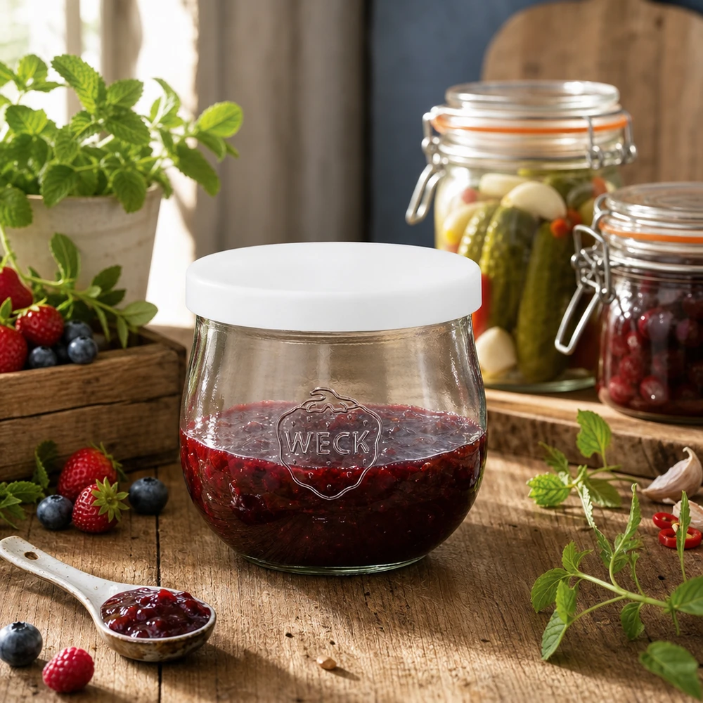 WECK tulpenpot 370ml gevuld met bessenjam siliconen deksel wit inmaak jam voorraadpot keuken