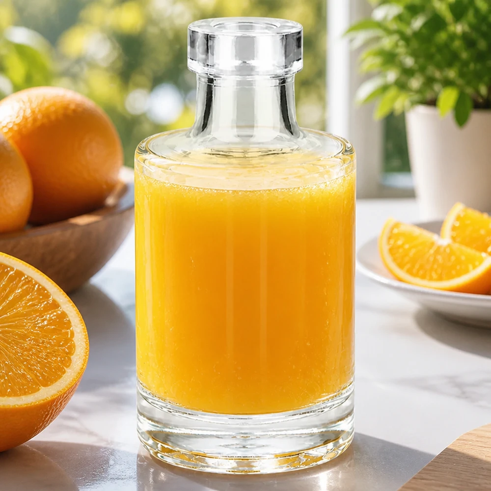 100 ml glazen fles Marie zonder sluiting UNiTWIST® 100ml glazen fles Marie gevuld met sinaasappelsap omringd door verse sinaasappels en sinaasappelschijfjes op een marmeren tafel