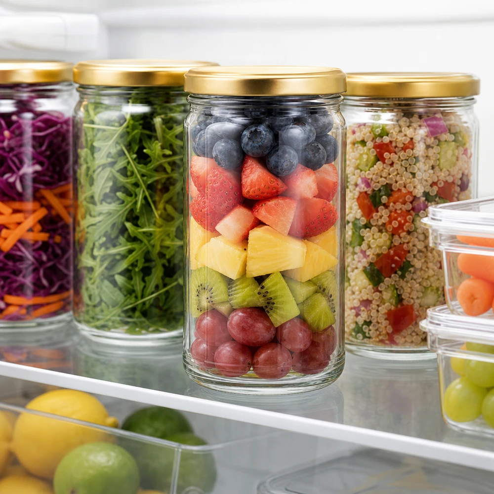 1053ml beker met BasicSeal deksel goud UNiTWIST 1053ml glazen pot met gouden deksel gevuld met fruit in de koelkast voor het bereiden van maaltijden en het bewaren van voedsel