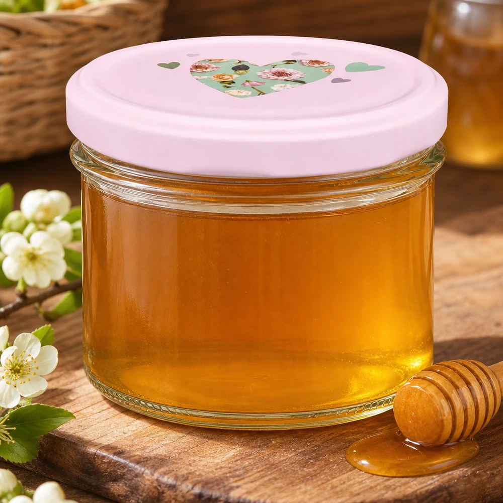 Glazen van 225 ml + BasicSeal-deksel met roze hart UNiTWIST Gouden honing in bekers van 225 ml met roze BasicSeal hartdeksel op een houten plank met honinglepel en bloemen