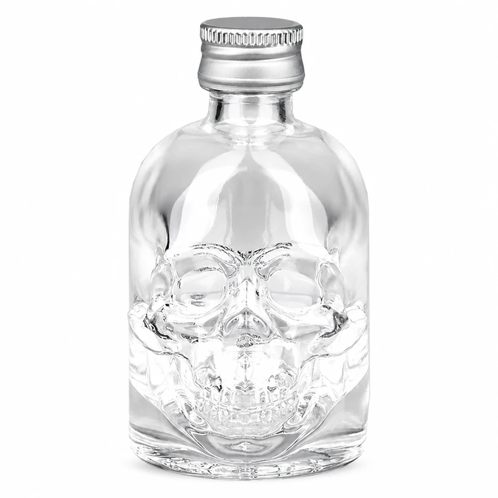 50 ml glazen fles Hector en schroefdop zilver UNiTWIST® 50ml Hector glazen fles met schedelreliëf en zilveren UNiTWIS schroefdop op een witte achtergrond
