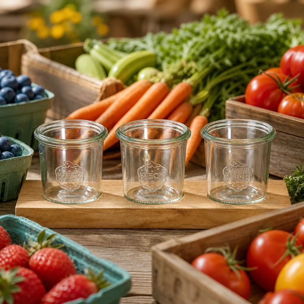 WECK bekers 140ml op serveerplank Plano3 gedecoreerd tussen verse marktgroenten tomaten wortelen en bessen