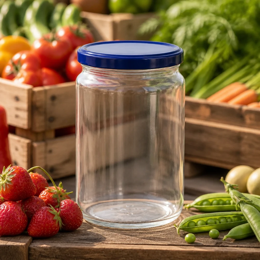 795ml rond glas met BasicSeal deksel blauw UNiTWIST 795ml ronde pot met blauw BasicSeal deksel UNiTWIST omringd door vers fruit en groenten op een houten tafel