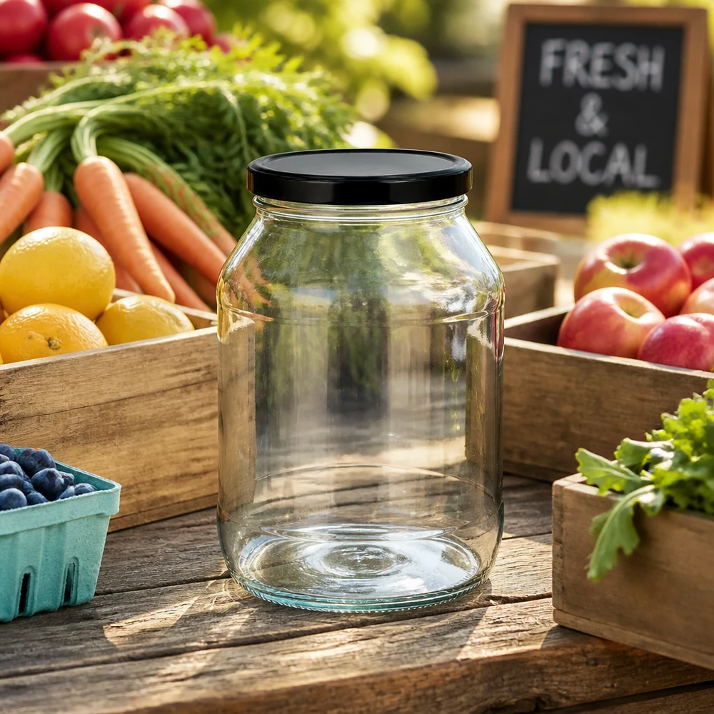 2650ml rond glas met BasicSeal deksel zwart UNiTWIST Leeres 2650ml Rundglas mit schwarzem Deckel zwischen frischem Obst und Gemüse auf Holztisch im Farmers Market Stil