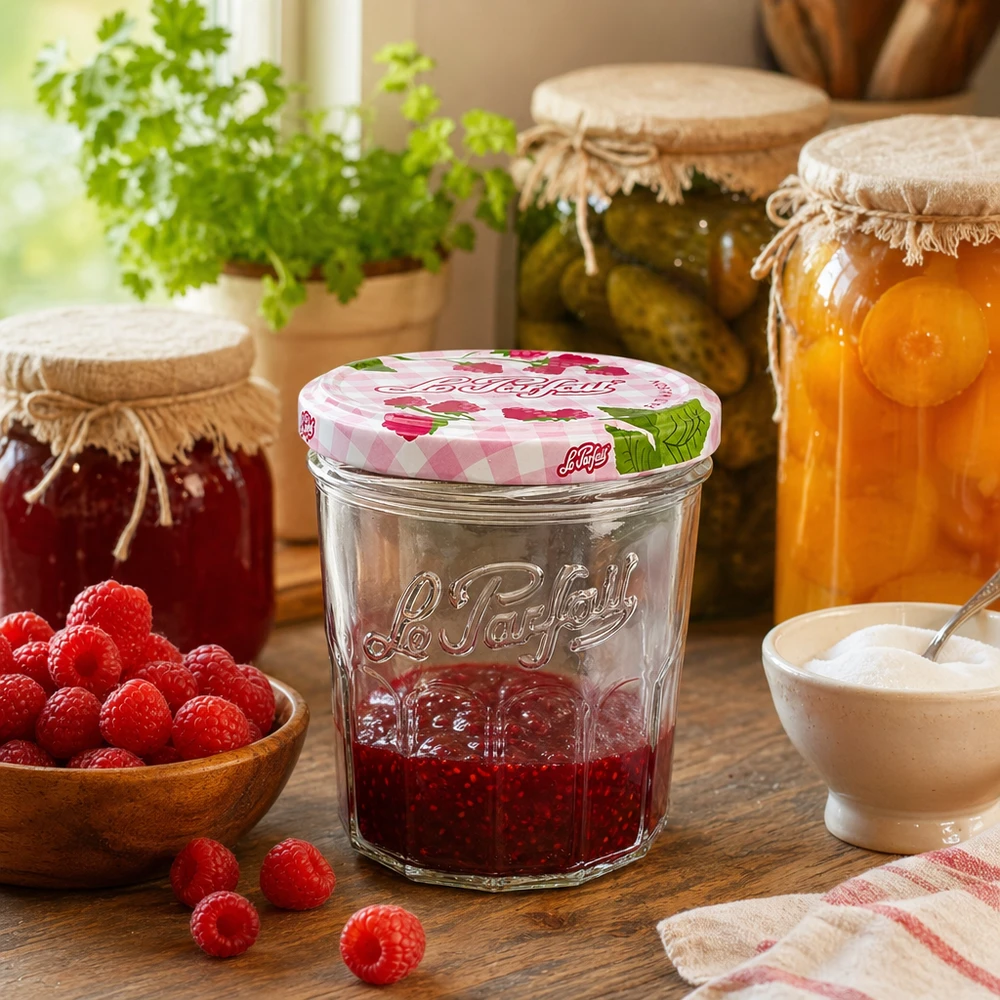 Le Parfait® Jam 324 ml Ø82 mm confituurpot Le Parfait inmaakpot van 324 ml met frambozenjam in rustieke keuken naast andere inmaakpotten en kruiden