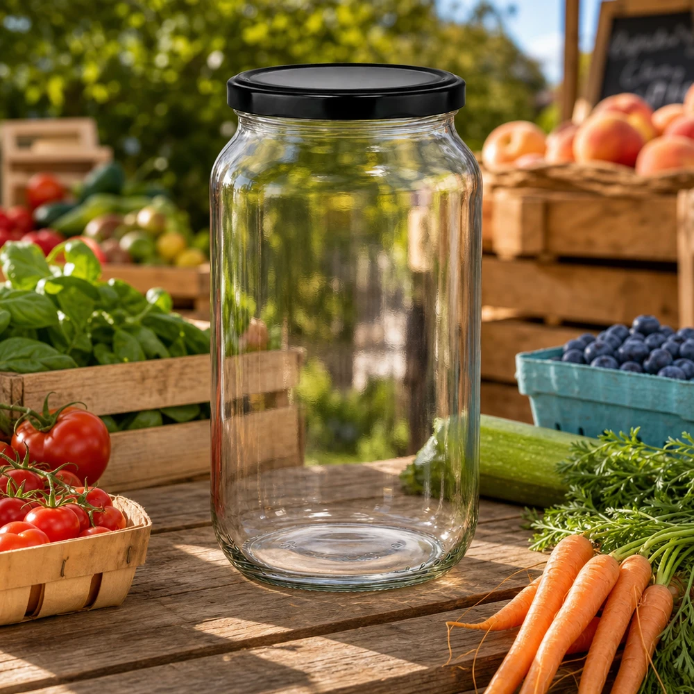 1062ml rond glas met BasicSeal deksel zwart UNiTWIST Ronde pot van 1062 ml voor marktkraam met verse groenten - praktische inmaakpot voor tuinproducten en zelfgemaakt voedsel