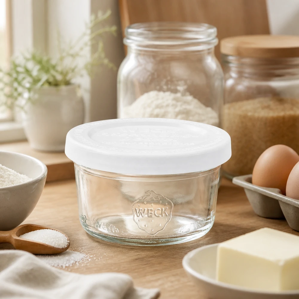 50ml WECK RR60 bekers met vers deksel in een rustieke keuken tussen bakingrediënten, bloem, eieren en houten keukengerei