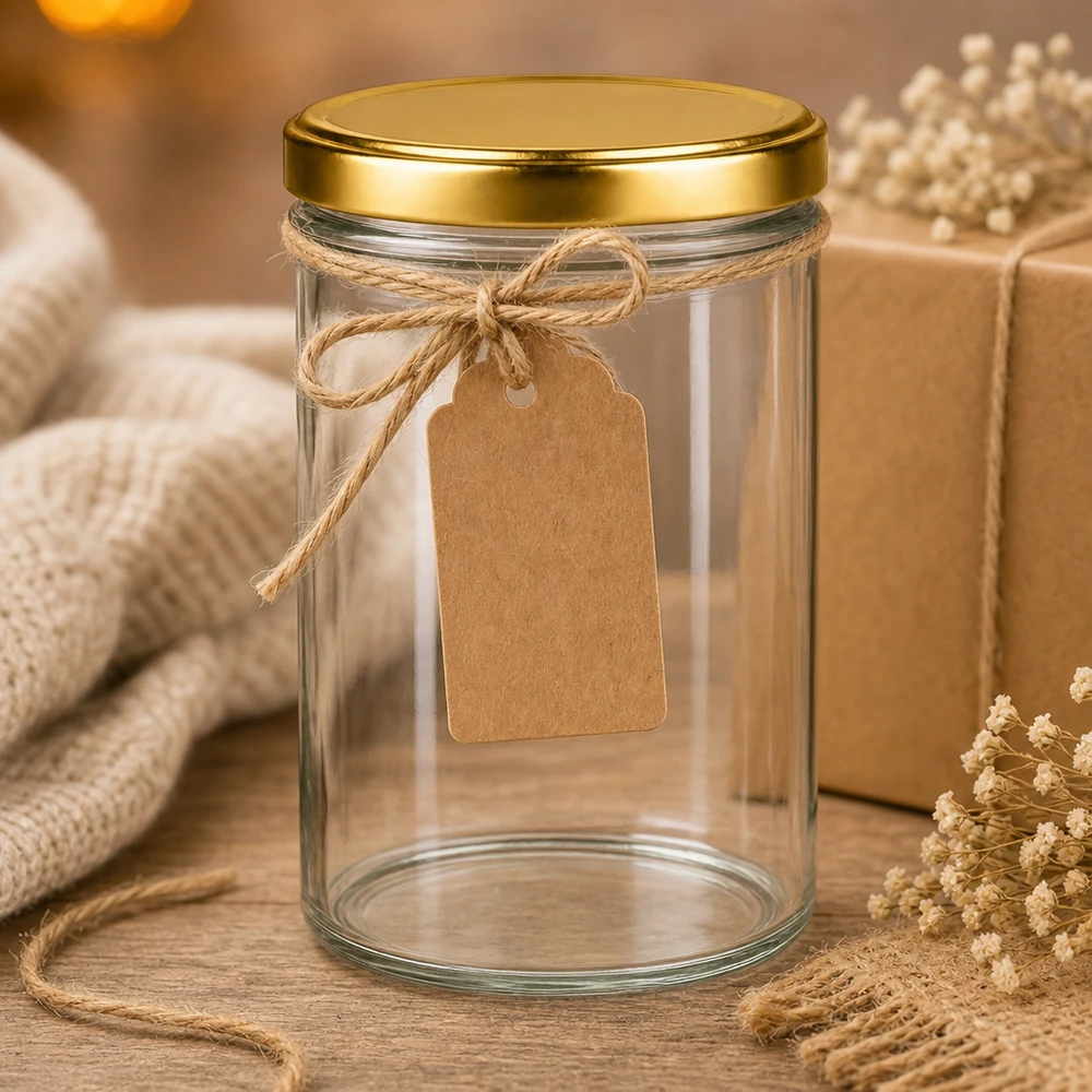 435ml UNiTWIST bekers met gouden deksel als geschenkverpakking met jute koord en kraftpapier label