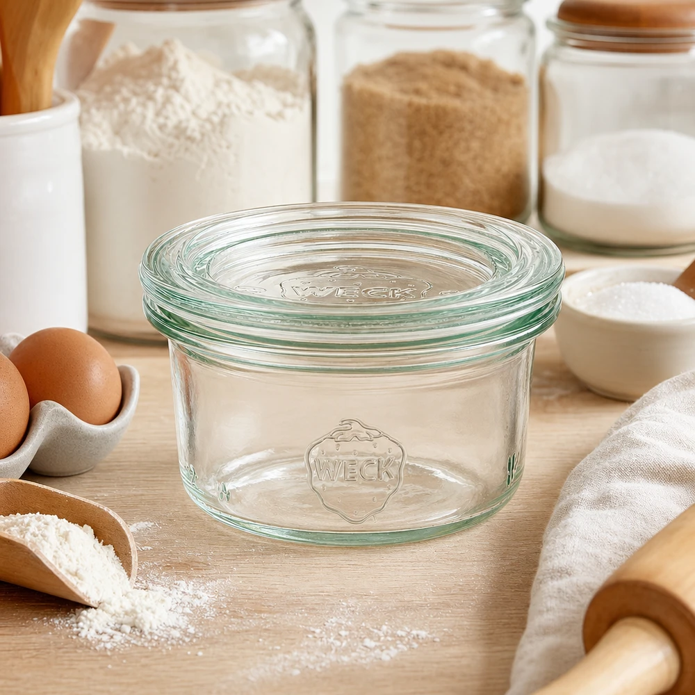 50ml stortglas met glazen deksel WECK RR60 WECK trommels 50ml RR60 in keukenomgeving met meel, eieren en bakingrediënten voor veelzijdige opslag