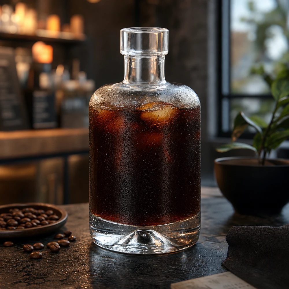 50 ml glazen fles 50ml Glasflasche "Amelie" ohne Verschluss UNiTWIST zonder sluiting UNiTWIST® 50ml glazen fles Amelie gevuld met cold brew koffie naast koffiebonen toont gebruik voor drankjes en sterke dranken