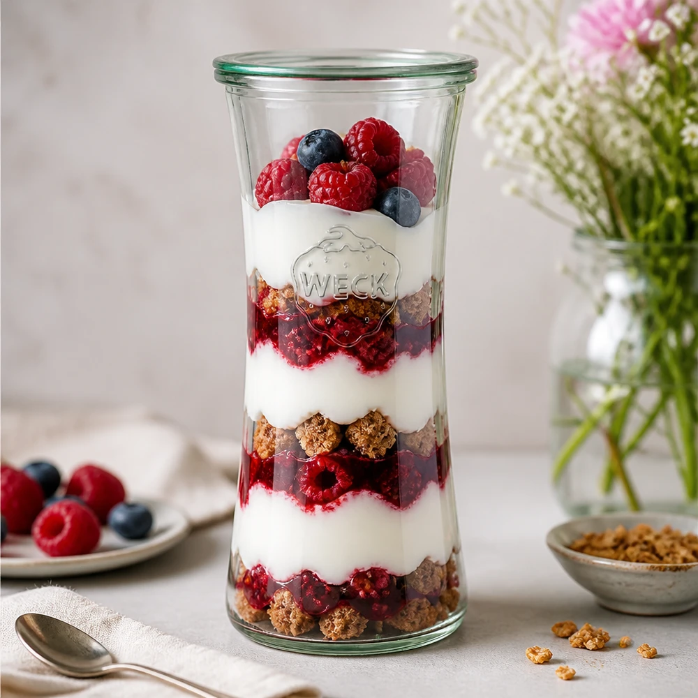700ml delicatessenglas met glazen deksel WECK RR80 WECK 700ml Delikatessenglas RR80 mit geschichtetem Joghurt-Beeren-Parfait - stylisches Einmachglas für Desserts