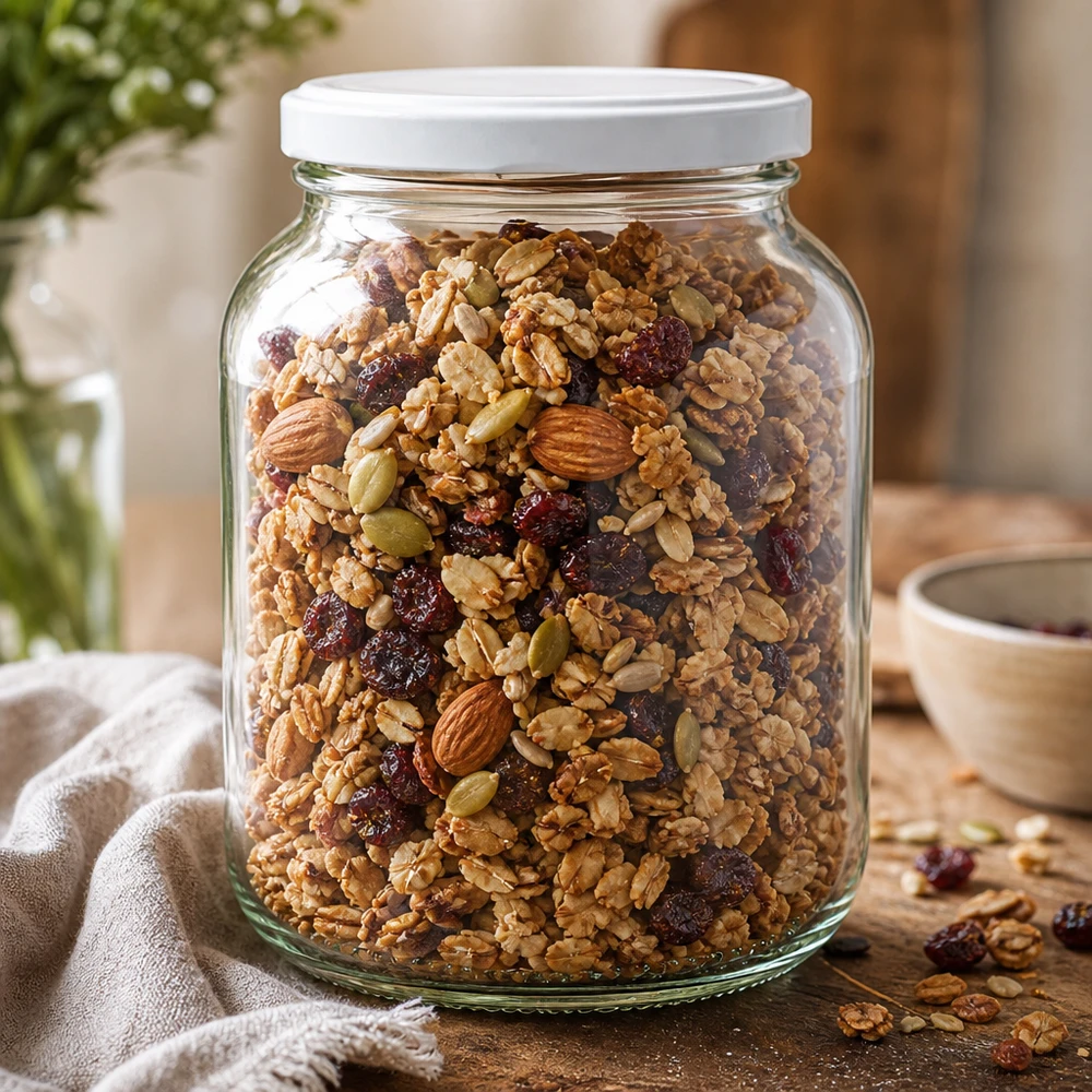 370ml ovaal glas met BasicSeal deksel wit UNiTWIST 370ml ovale pot UNiTWIST met wit deksel gevuld met muesli noten gedroogd fruit granola voorraadpot keuken