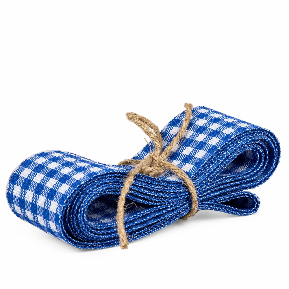 Stofband blauw/wit voor decoratie, 300 cm Blauw en wit geblokt stoffen lint 300cm lang opgerold met jute koord voor decoratie en handwerk