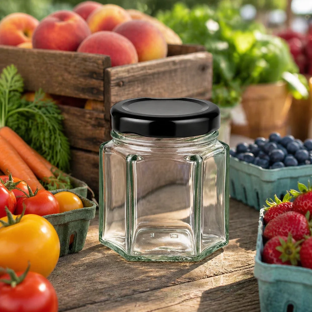 47ml hexaglas met BasicSeal deksel zwart UNiTWIST Leeg 47ml hexaglas met zwart deksel op een houten tafel omringd door vers fruit en groenten in een landelijke scène