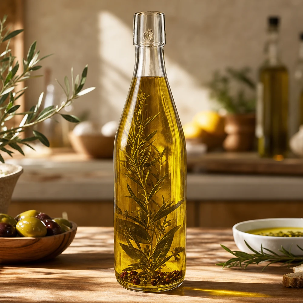 500 ml glazen fles zonder draaidop UNiTWIST 500ml UNiTWIST glazen fles gevuld met olijfolie en kruiden in de mediterrane keuken als voorbeeld van gebruik