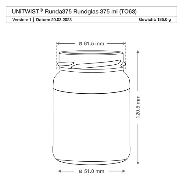 375ml rond glas zonder deksel (TO63) UNiTWIST UNiTWIST Runda375 Rundglas 375ml TO63 technische Zeichnung mit Maßangaben Durchmesser 61mm Höhe 120mm Gewicht 185g