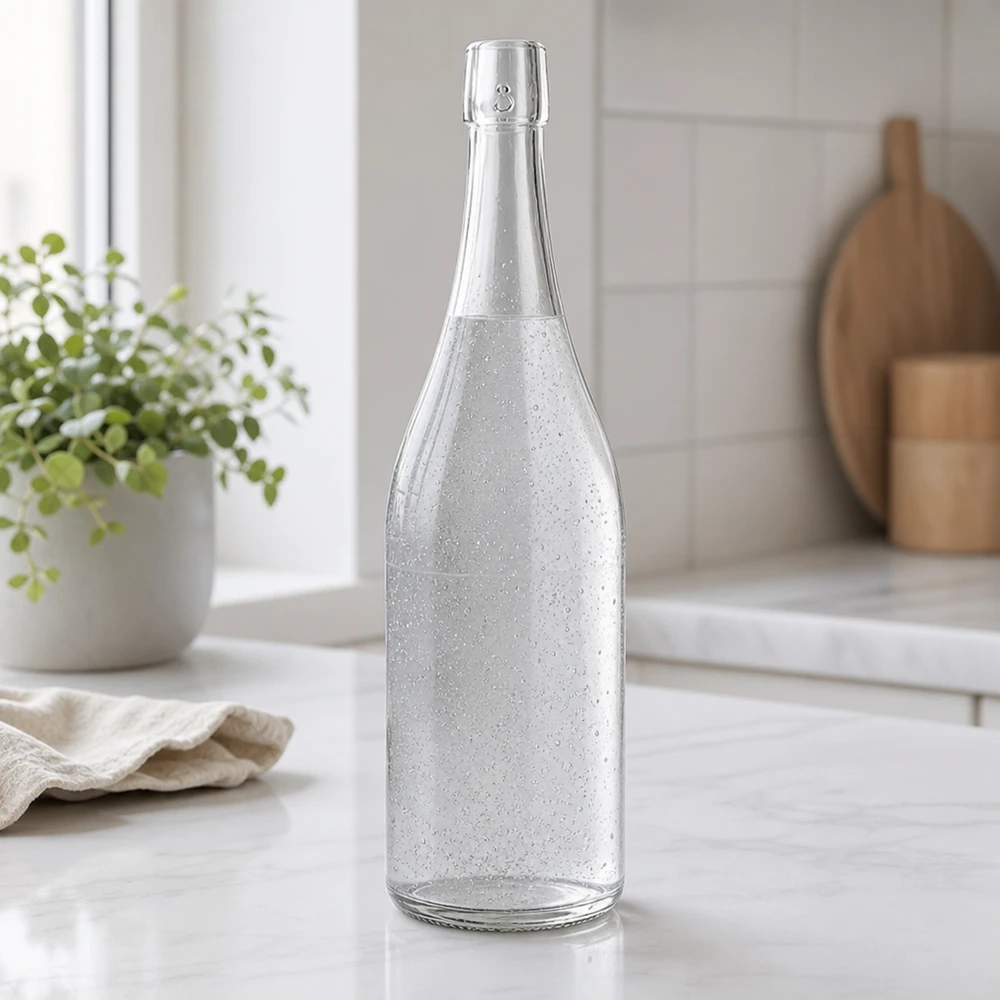 750 ml glazen fles zonder draaidop UNiTWIST 750ml UNiTWIST glazen fles gevuld met sprankelend water moderne keuken wit marmeren werkblad sfeer
