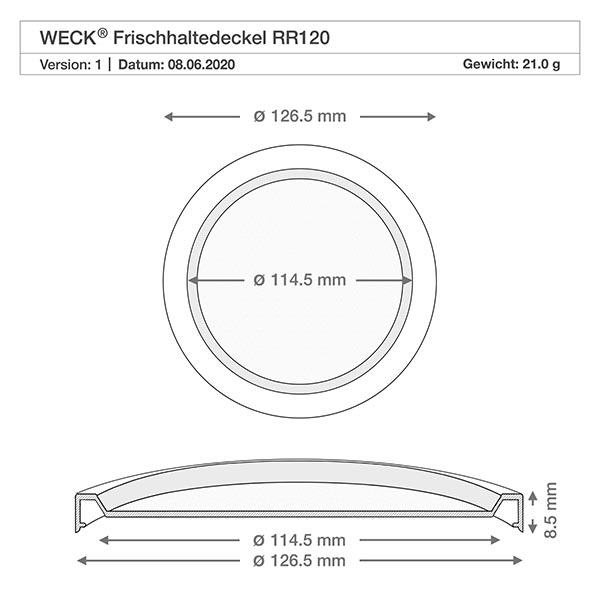 WECK vershoudend deksel RR120 Technische tekening WECK RR120 keep-fresh deksel met afmetingen 126,5mm buitendiameter 114,5mm binnendiameter