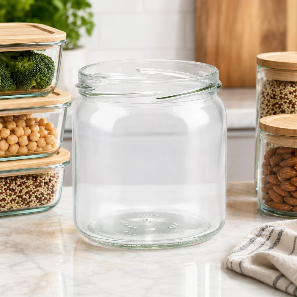 408ml rond glas zonder deksel (TO82) UNiTWIST UNiTWIST Runda408 lege ronde pot 408ml TO82 op keukenblad met voorraadpotten en noten als keukenaccessoires