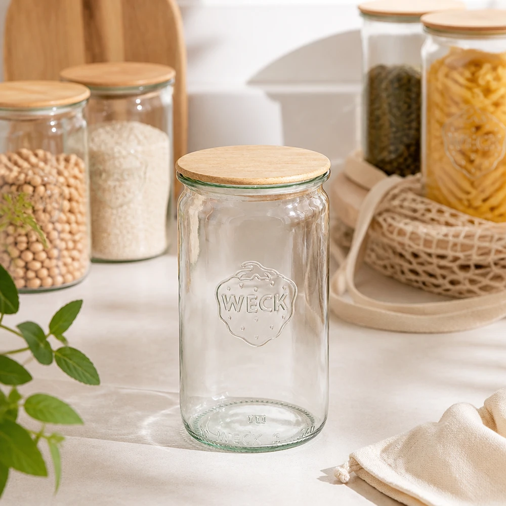 340ml cilinderglas WECK RR60 met hout deksel WECK cilinderpot 340ml RR60 leeg transparant met houten deksel in moderne keukenuitrusting met voorraadpotten