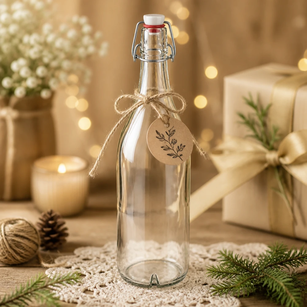 1000ml glazen fles + draaidop PVC UNiTWIST 1000ml glazen fles PVC swing top versierd voor Kerstmis met geschenklabel rustieke stijl winterdecoratie