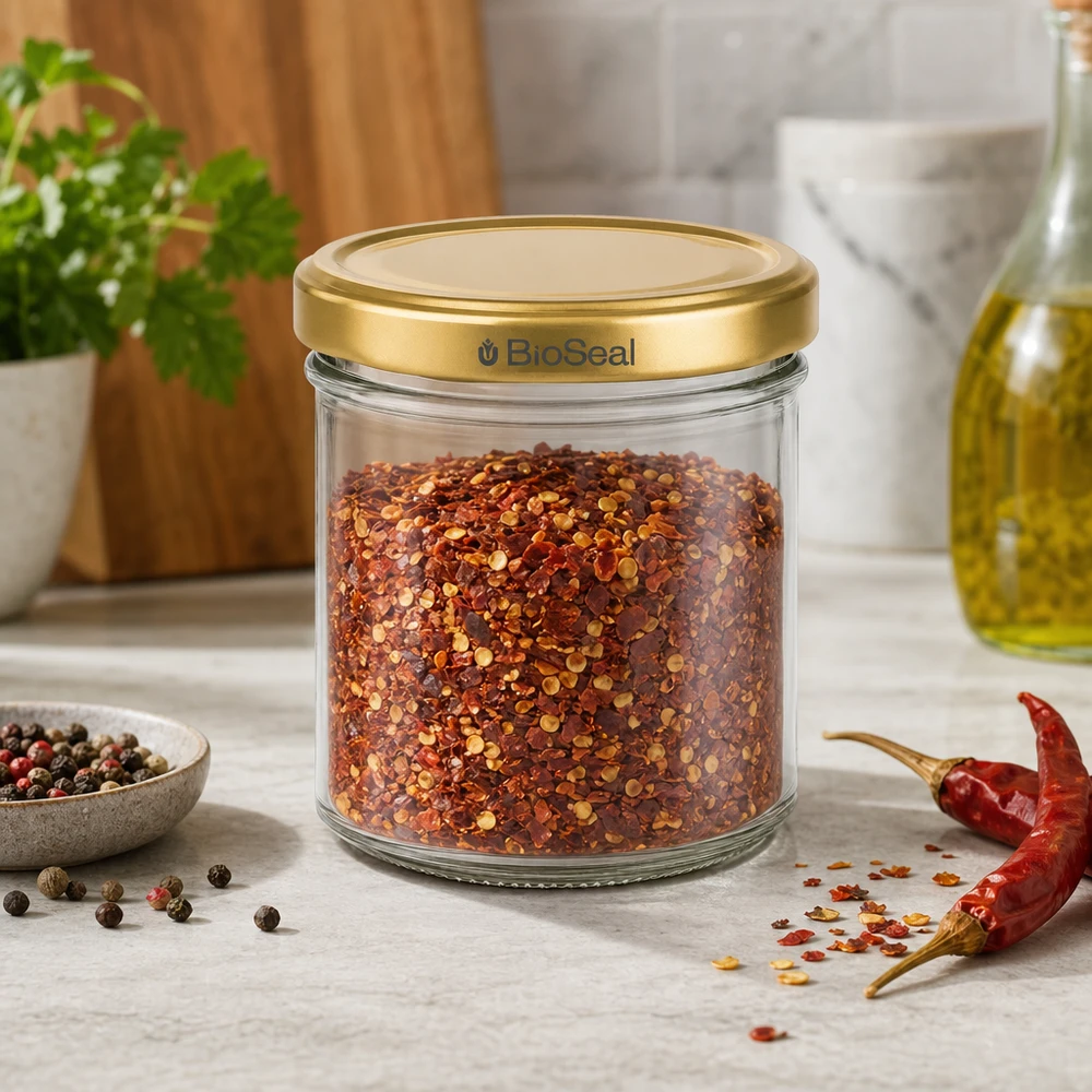 BioSeal 200g kruidenpotje gevuld met chilivlokken gouden deksel Keukenschouwspel met peperkorrels en chilipeper