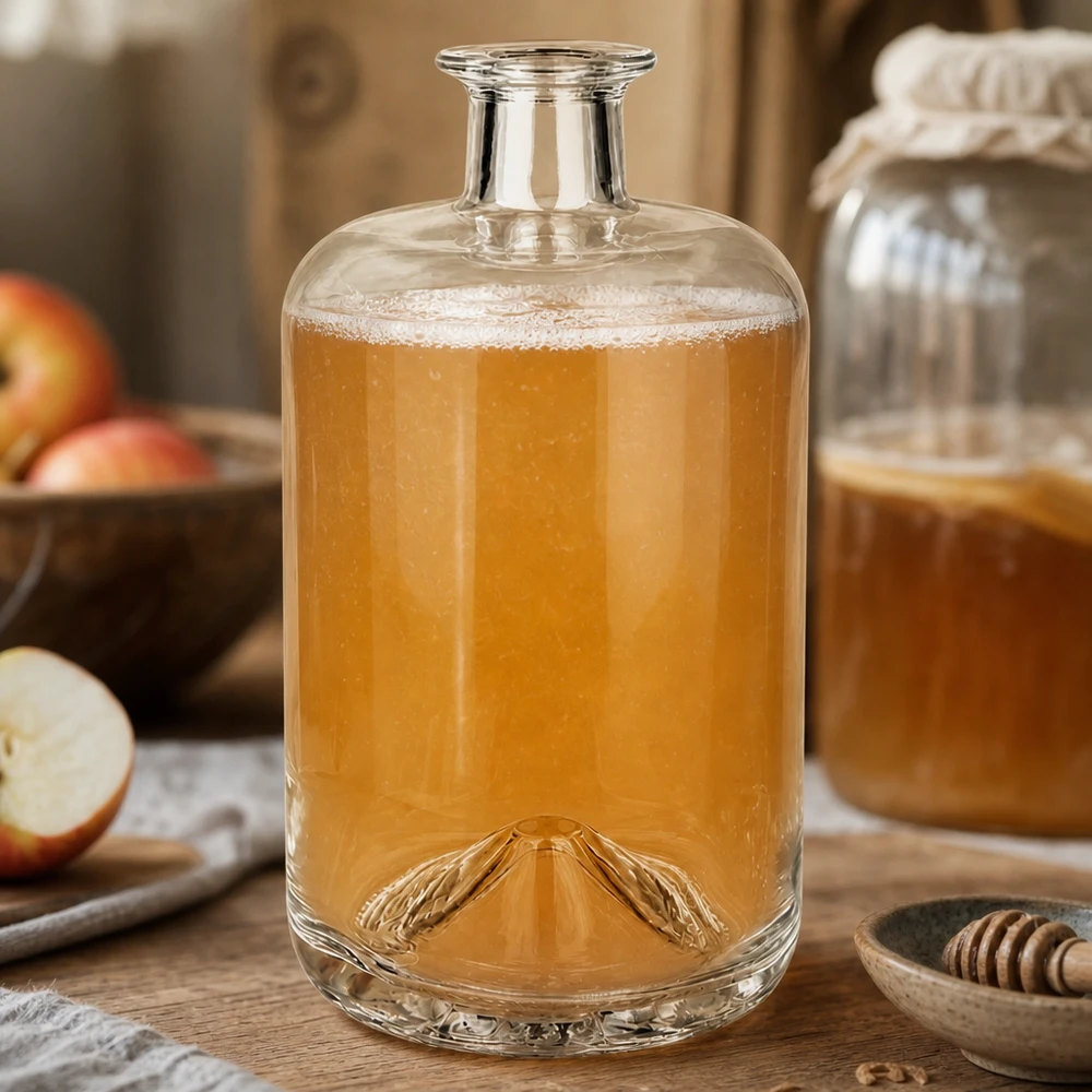 700 ml apothekersfles Sofia zonder sluiting UNiTWIST® 700ml Sofia glazen fles gevuld met appelsap omringd door verse appels en honing rustiek keukendecor