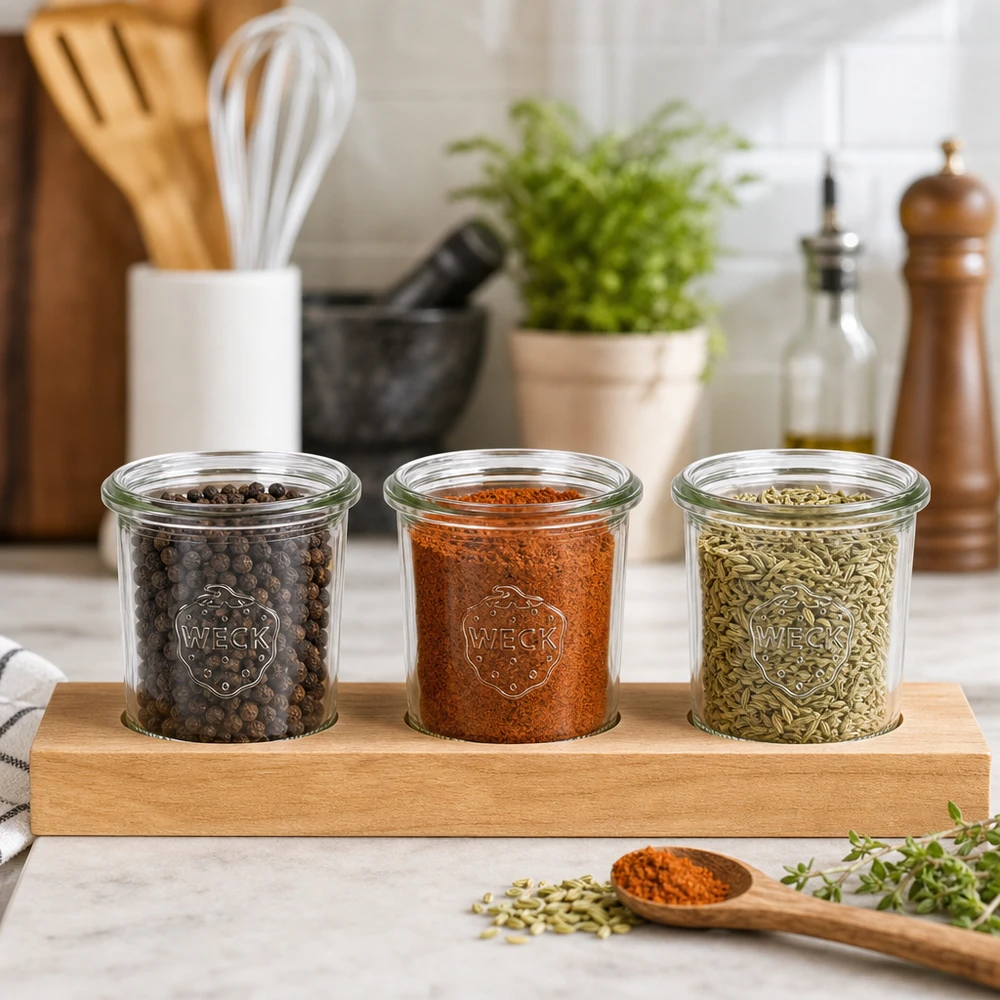 Serveerplank Plano3 met 3 Weck-glazen van 140 ml Kruiden in WECK bekers 140ml op serveerplank Plano3 Peperkorrels Paprika Venkelzaad Keukenorganisatie