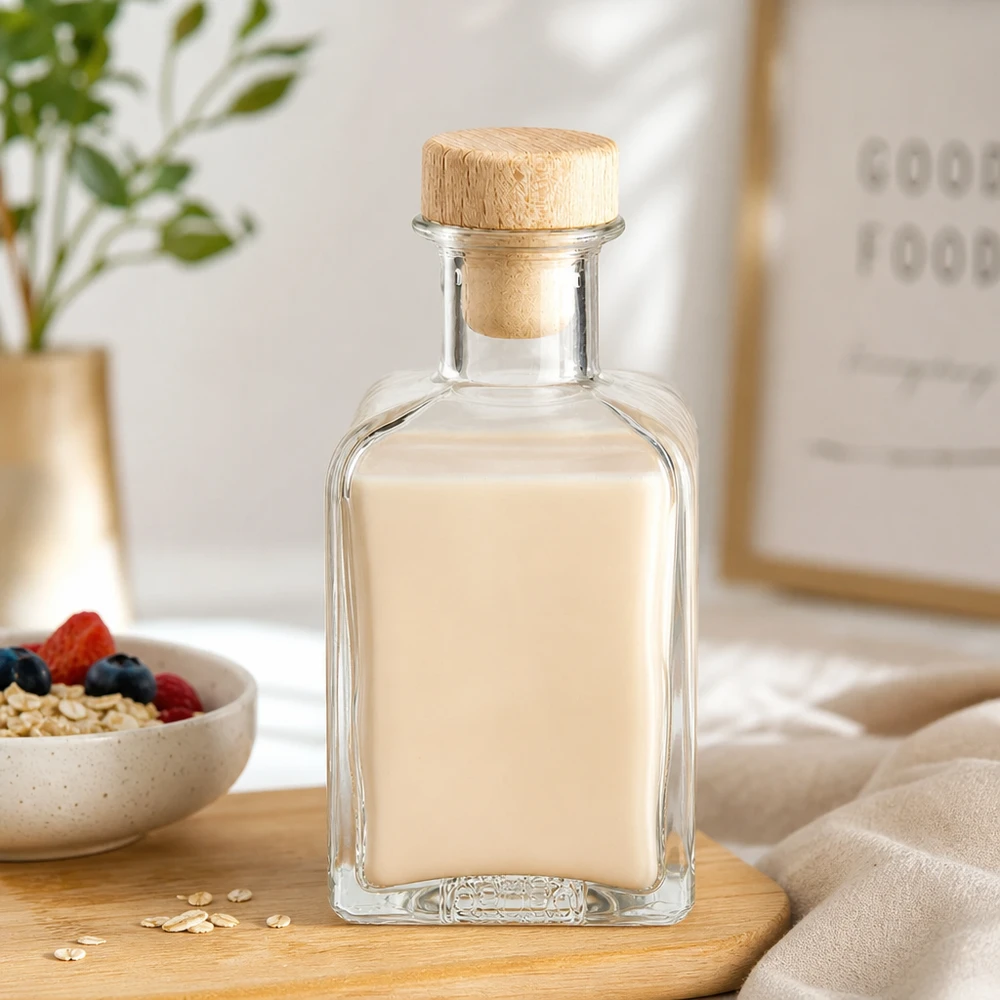 200ml glazen fles Clara gevuld met havermelk houten kurk granenkom bessen haver gezonde voeding ontbijt