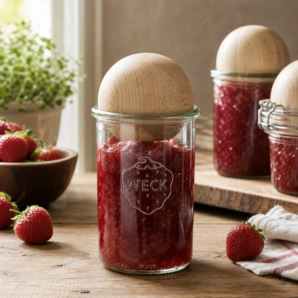 1000ml stortglas WECK RR100 met houten bal WECK inmaakpot 1000ml gevuld met aardbeienjam en houten boldeksel in rustieke keuken met verse aardbeien