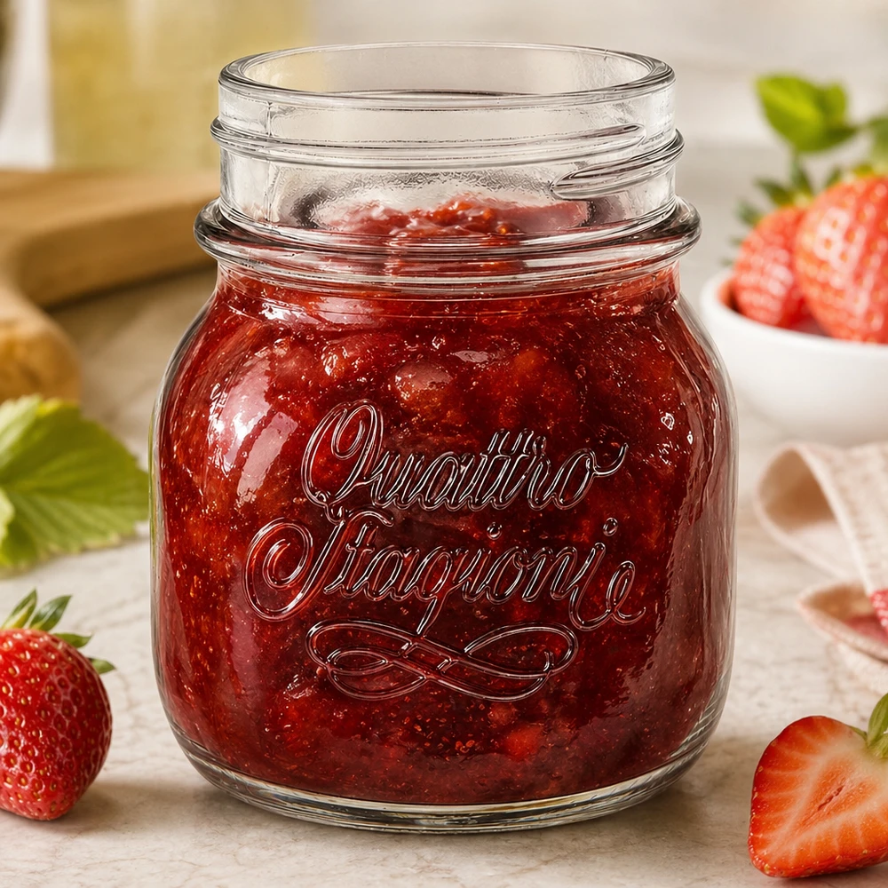 Huishoudpot Quattro Stagioni 150ml gevuld met rode aardbeienjam naast verse aardbeien op houten tafel