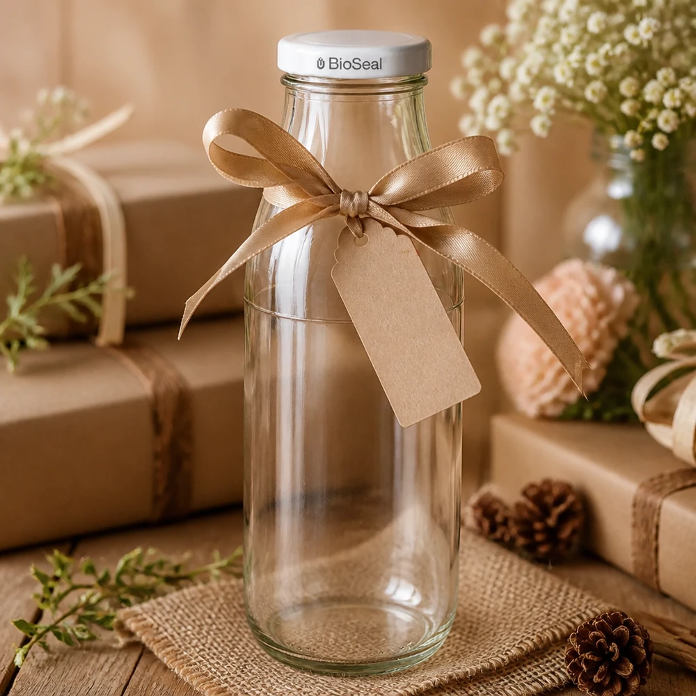 500ml fles met BioSeal deksel wit UNiTWIST 500 ml lege glazen fles, geschenkverpakking met bruine strik en label, witte BioSeal deksel