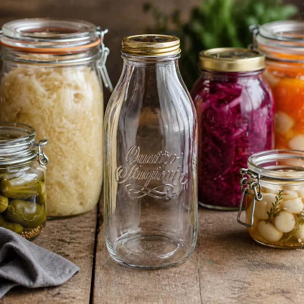 Quattro Stagioni 1000ml glazen fles tussen inmaakpotten met gefermenteerde groenten en ingemaakt voedsel