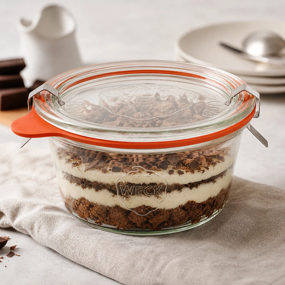 290ml stortglas laag compleet WECK RR80 WECK beker 290ml RR100 gevuld met gelaagd dessert Tiramisu toont veelzijdig gebruik als dessert pot