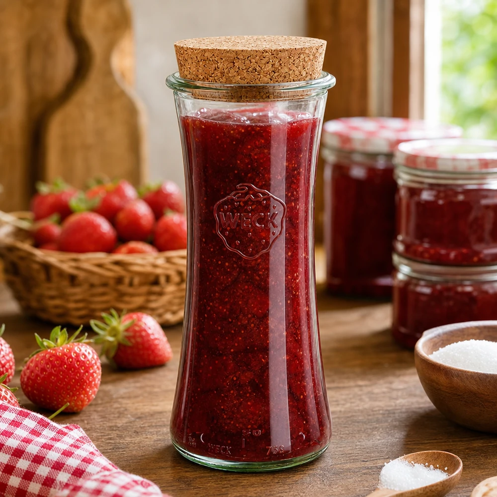 700ml delicatessenglas WECK RR80 met kurk WECK RR80 inmaakpot 700ml met kurken deksel gevuld met aardbeienjam op houten tafel naast verse aardbeien